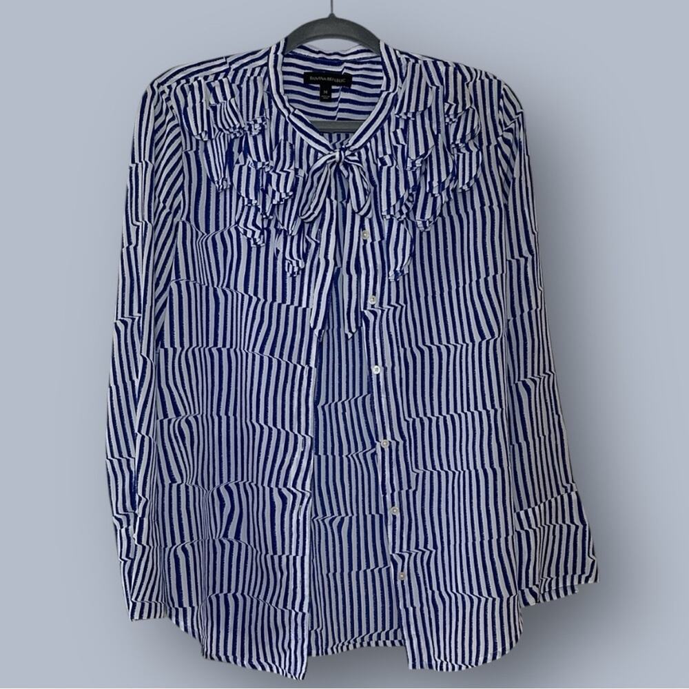 Banana Republic Elsie Ruffle Flutter Sleeve Blue White Stripe Blouse M